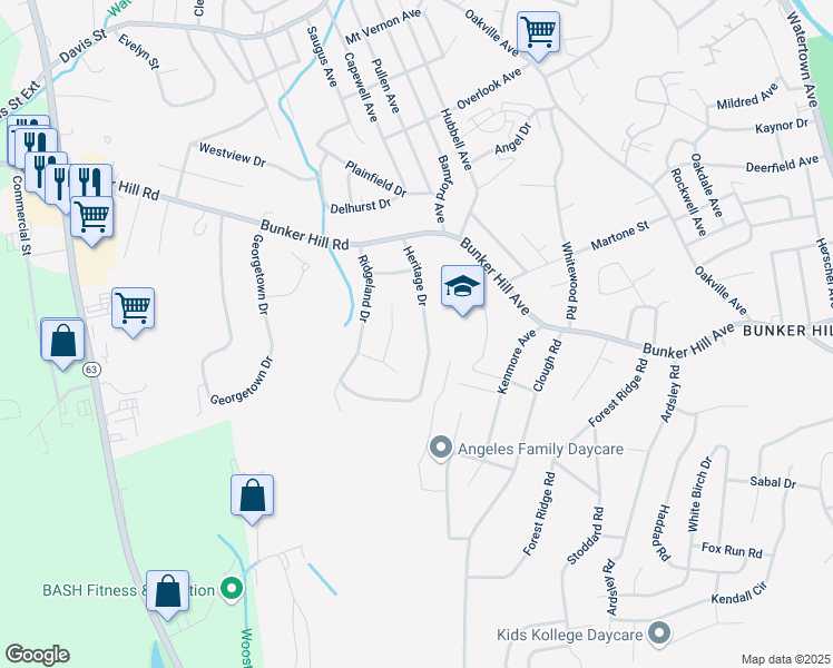map of restaurants, bars, coffee shops, grocery stores, and more near 109 Heritage Drive in Waterbury