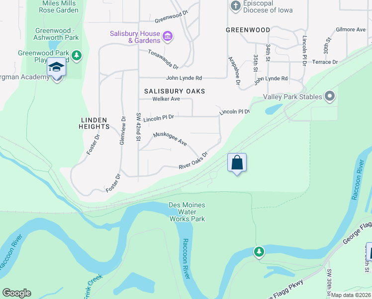 map of restaurants, bars, coffee shops, grocery stores, and more near 3818 Muskogee Avenue in Des Moines