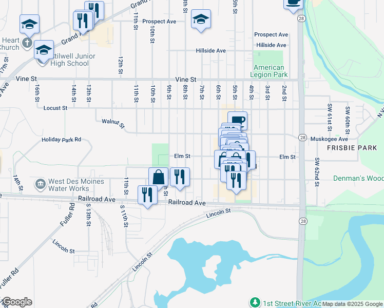 map of restaurants, bars, coffee shops, grocery stores, and more near 71 Elm Street in West Des Moines