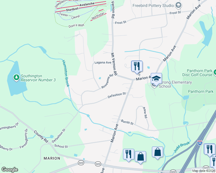 map of restaurants, bars, coffee shops, grocery stores, and more near 70 Roseanna Road in Southington