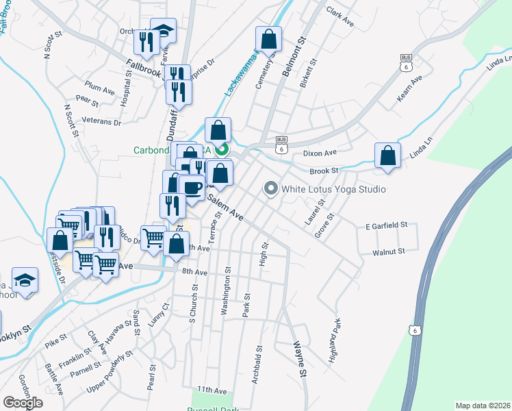 map of restaurants, bars, coffee shops, grocery stores, and more near 71 Spring Street in Carbondale