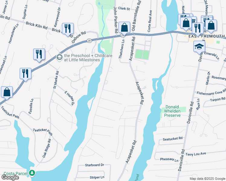 map of restaurants, bars, coffee shops, grocery stores, and more near 20 Avalon Drive in Falmouth