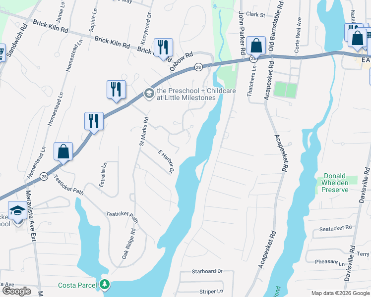 map of restaurants, bars, coffee shops, grocery stores, and more near 259 Seaward Bend in Falmouth