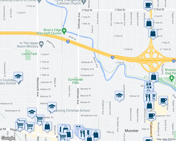 map of restaurants, bars, coffee shops, grocery stores, and more near 240 Gregory Avenue in Munster