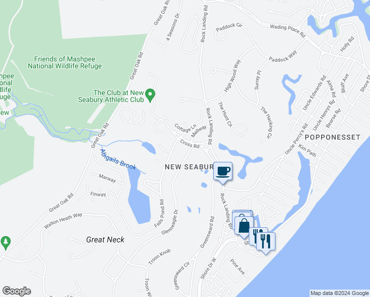map of restaurants, bars, coffee shops, grocery stores, and more near 7 Glenneagle Drive in Mashpee