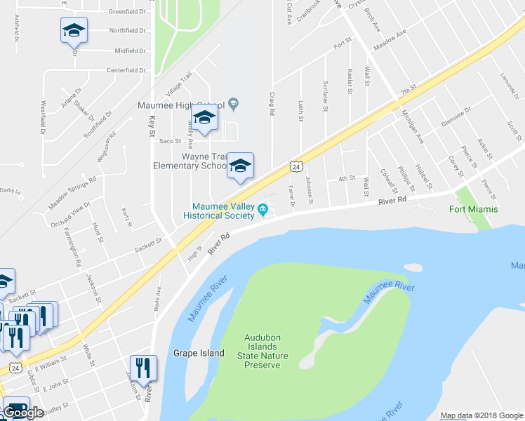 map of restaurants, bars, coffee shops, grocery stores, and more near 1031 River Road in Maumee