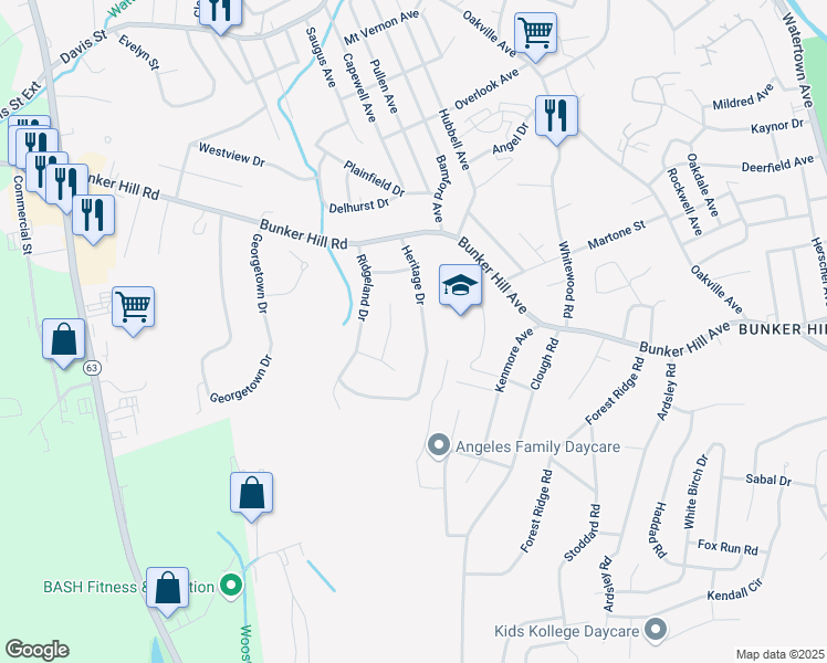map of restaurants, bars, coffee shops, grocery stores, and more near 109 Heritage Drive in Waterbury