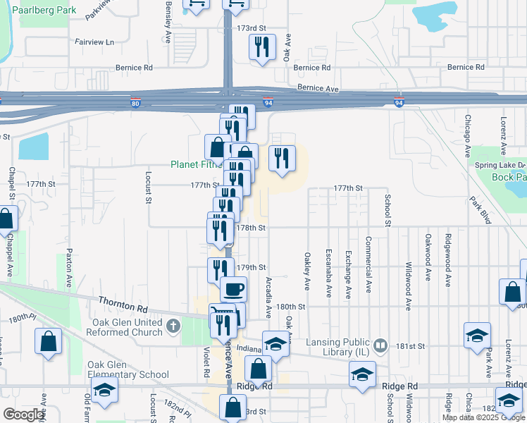 map of restaurants, bars, coffee shops, grocery stores, and more near 17738 Arcadia Avenue in Lansing