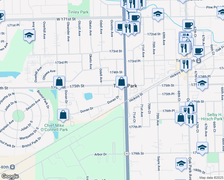 map of restaurants, bars, coffee shops, grocery stores, and more near 17500 Duvan Drive in Tinley Park