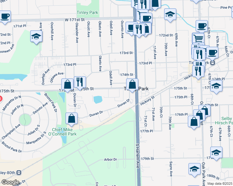 map of restaurants, bars, coffee shops, grocery stores, and more near 7330 Sandalwood Drive in Tinley Park