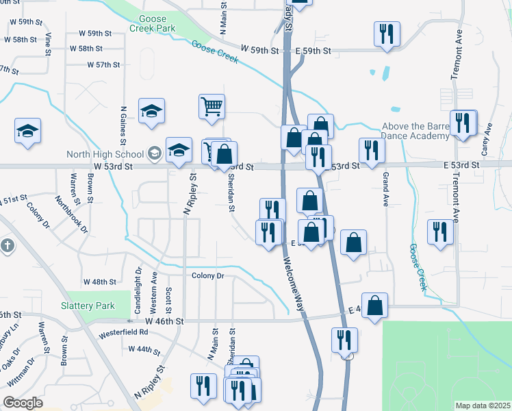 map of restaurants, bars, coffee shops, grocery stores, and more near 5001 Sheridan Street in Davenport