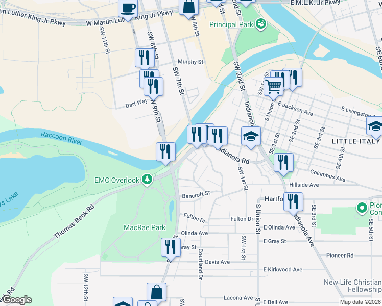 map of restaurants, bars, coffee shops, grocery stores, and more near 711 Monona Avenue in Des Moines