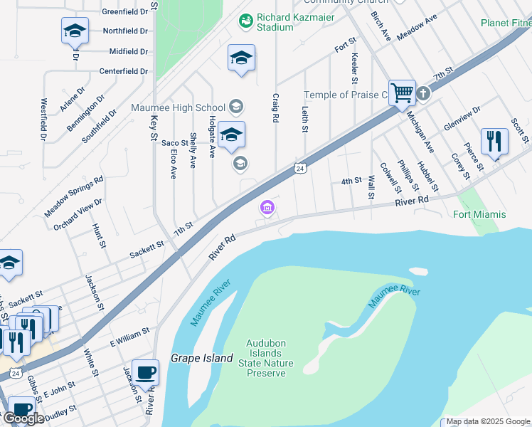 map of restaurants, bars, coffee shops, grocery stores, and more near 1031 River Road in Maumee