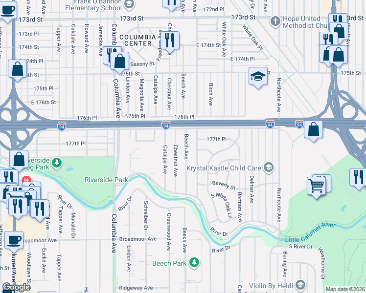 map of restaurants, bars, coffee shops, grocery stores, and more near 7733 Beech Avenue in Hammond