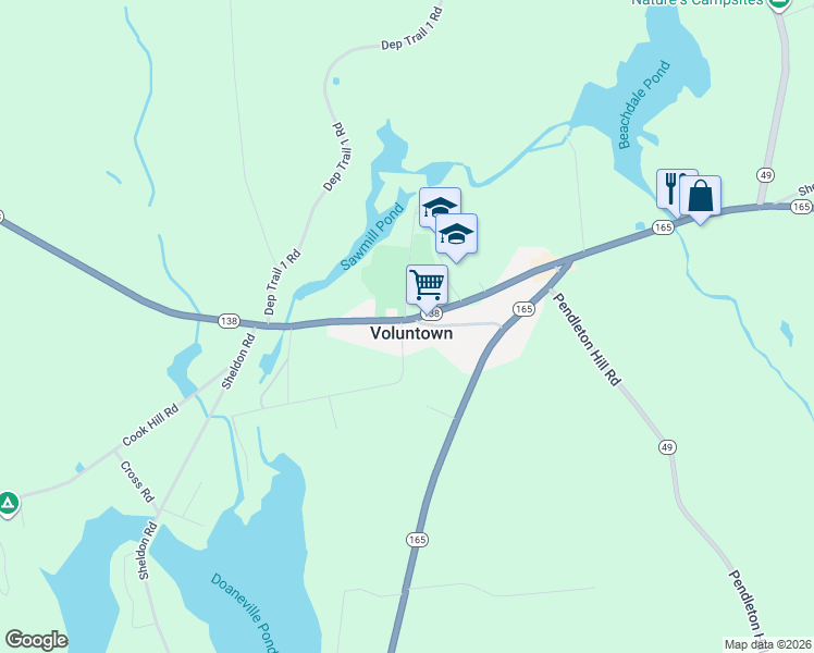 map of restaurants, bars, coffee shops, grocery stores, and more near 124 Main Street in Voluntown