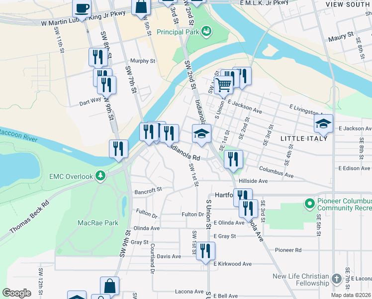 map of restaurants, bars, coffee shops, grocery stores, and more near 1922 Southwest 1st Street in Des Moines