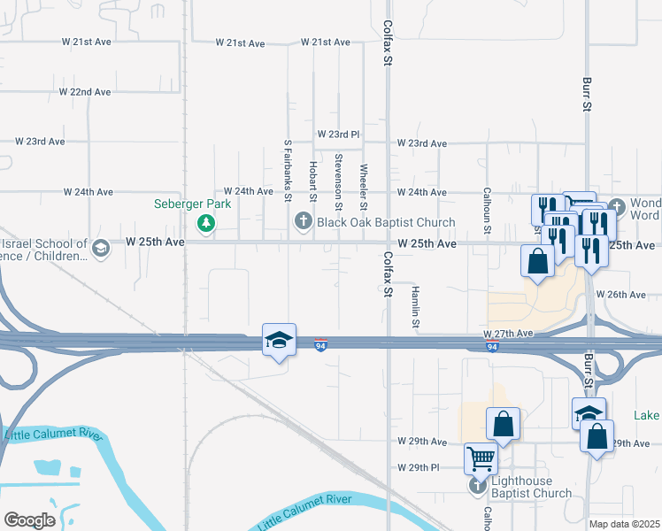 map of restaurants, bars, coffee shops, grocery stores, and more near 2530 Stevenson Street in Gary