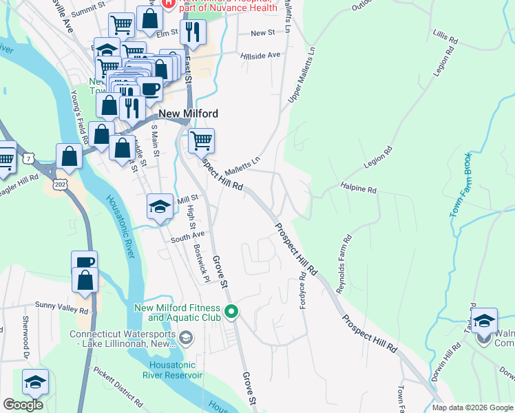 map of restaurants, bars, coffee shops, grocery stores, and more near 82 Prospect Hill Road in New Milford