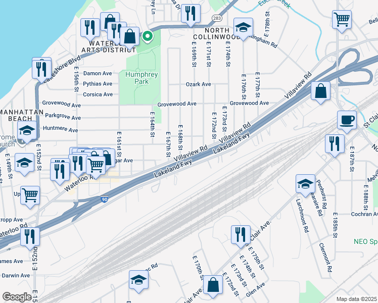 map of restaurants, bars, coffee shops, grocery stores, and more near 1280 East 169th Street in Cleveland