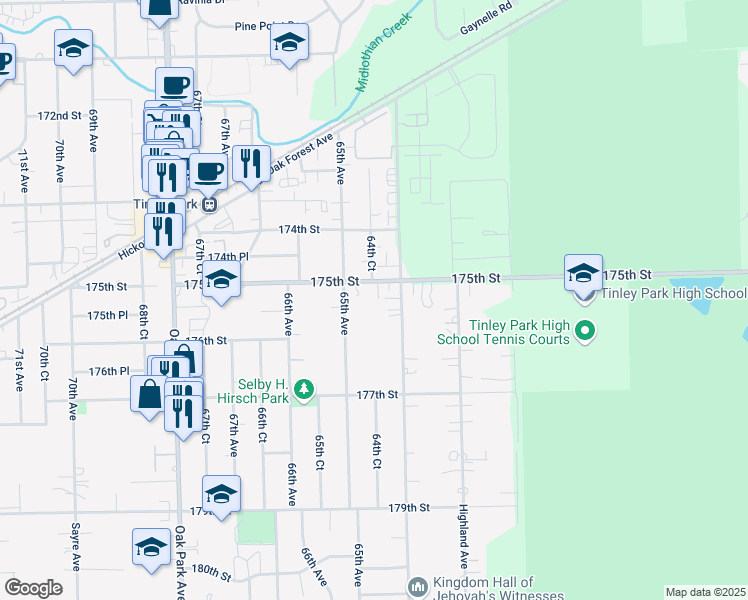 map of restaurants, bars, coffee shops, grocery stores, and more near 6427 175th Street in Tinley Park