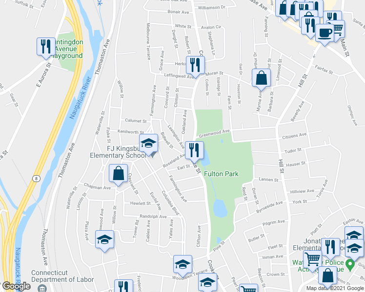 map of restaurants, bars, coffee shops, grocery stores, and more near 31 Lexington Avenue in Waterbury