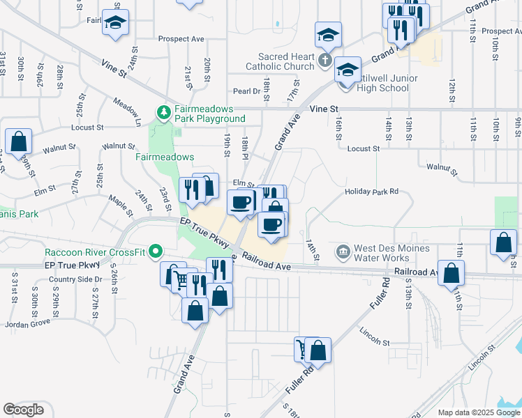 map of restaurants, bars, coffee shops, grocery stores, and more near 1904 Grand Avenue in West Des Moines
