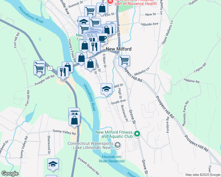 map of restaurants, bars, coffee shops, grocery stores, and more near 21 Mill Street in New Milford