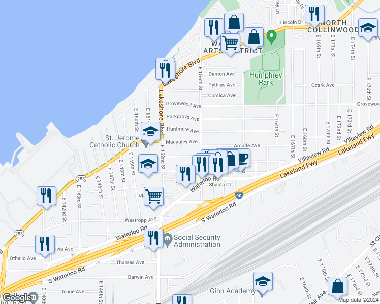 map of restaurants, bars, coffee shops, grocery stores, and more near 15417 Ridpath Avenue in Cleveland