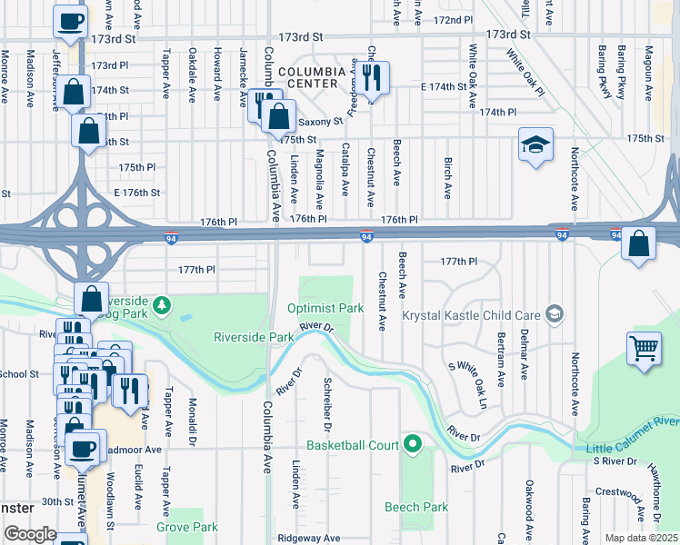 map of restaurants, bars, coffee shops, grocery stores, and more near 1262 177th Place in Hammond