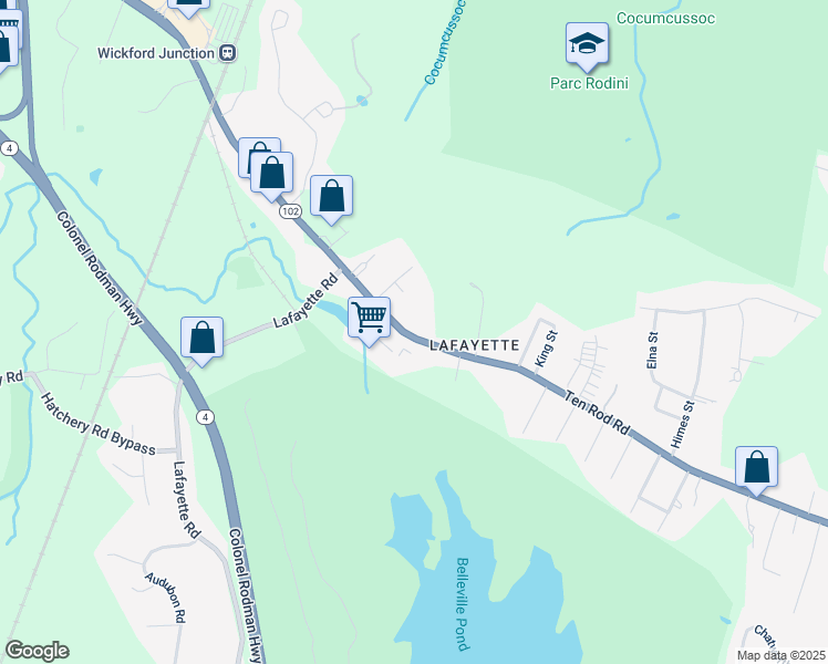 map of restaurants, bars, coffee shops, grocery stores, and more near 597 Victory Highway in North Kingstown