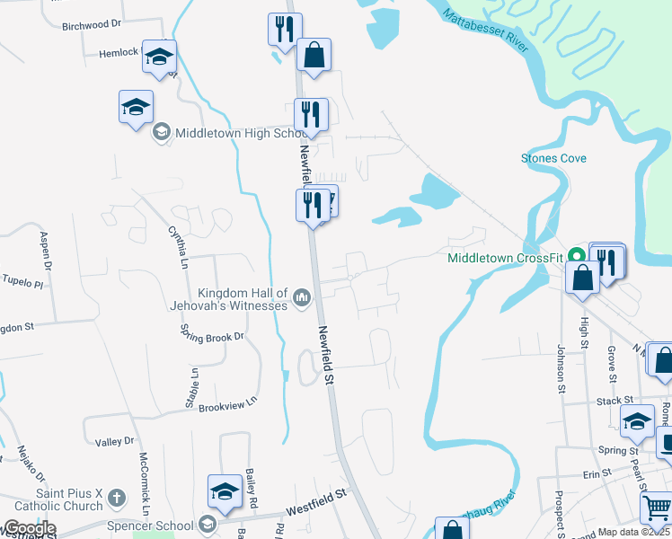 map of restaurants, bars, coffee shops, grocery stores, and more near 494 Newfield Street in Middletown