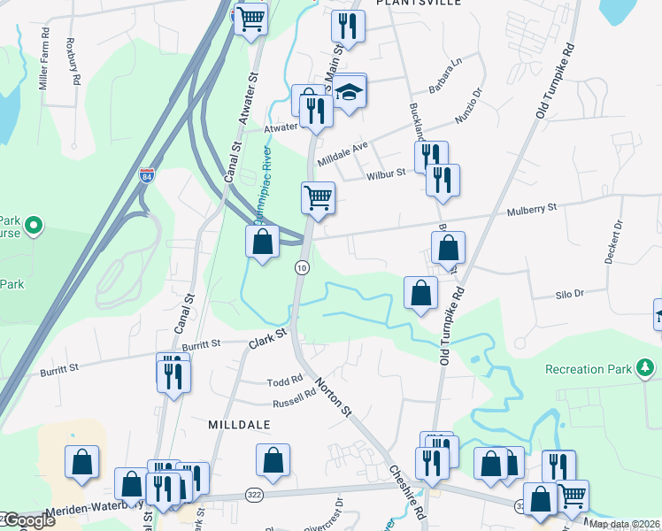 map of restaurants, bars, coffee shops, grocery stores, and more near 58 Mulberry Street in Southington