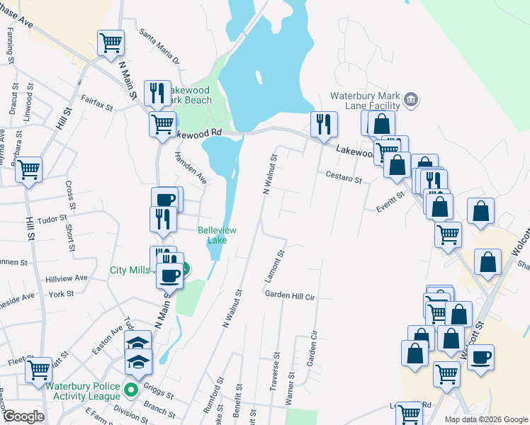 map of restaurants, bars, coffee shops, grocery stores, and more near 588 North Walnut Street in Waterbury