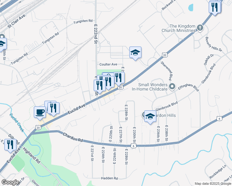 map of restaurants, bars, coffee shops, grocery stores, and more near 22550 U.S. 20 in Euclid