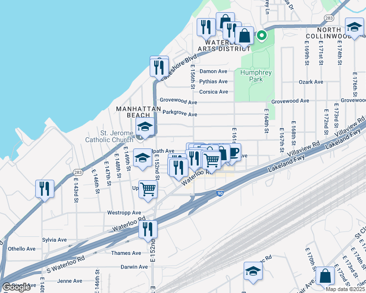 map of restaurants, bars, coffee shops, grocery stores, and more near 15417 Ridpath Avenue in Cleveland
