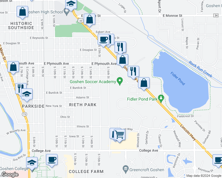 map of restaurants, bars, coffee shops, grocery stores, and more near 1102 South 16th Street in Goshen