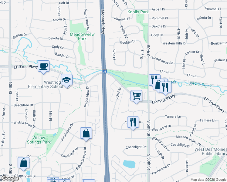 map of restaurants, bars, coffee shops, grocery stores, and more near 228 52nd Street in West Des Moines