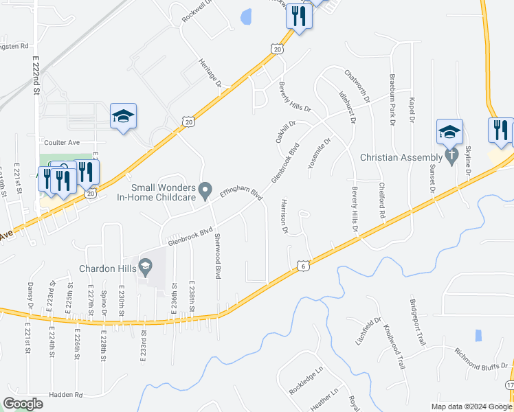 map of restaurants, bars, coffee shops, grocery stores, and more near 24080 Glenbrook Boulevard in Euclid