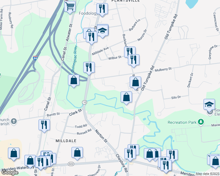 map of restaurants, bars, coffee shops, grocery stores, and more near 58 Mulberry Street in Southington
