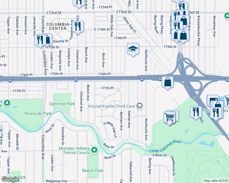 map of restaurants, bars, coffee shops, grocery stores, and more near 7732 Birch Drive in Hammond