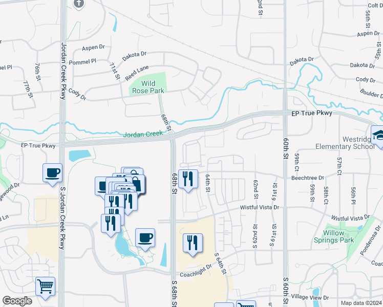 map of restaurants, bars, coffee shops, grocery stores, and more near 6500 Ep True Parkway in West Des Moines
