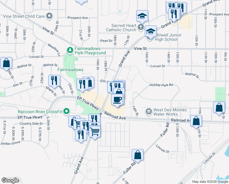 map of restaurants, bars, coffee shops, grocery stores, and more near 1904 Grand Avenue in West Des Moines