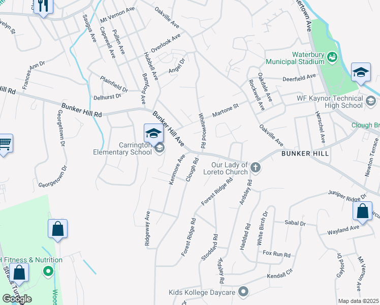 map of restaurants, bars, coffee shops, grocery stores, and more near 24 Kenmore Avenue in Waterbury