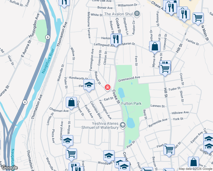 map of restaurants, bars, coffee shops, grocery stores, and more near 29 Lexington Avenue in Waterbury