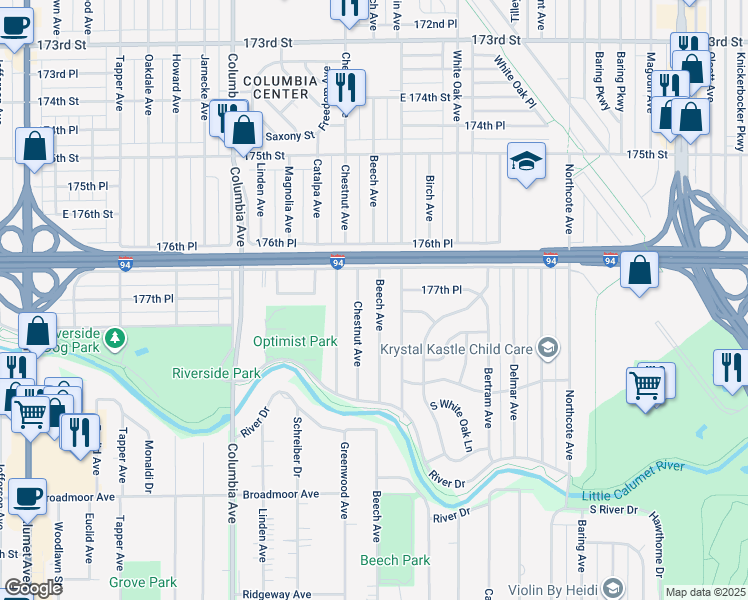 map of restaurants, bars, coffee shops, grocery stores, and more near 7724 Beech Avenue in Hammond