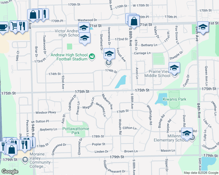 map of restaurants, bars, coffee shops, grocery stores, and more near 8921 Chestnut Drive in Tinley Park