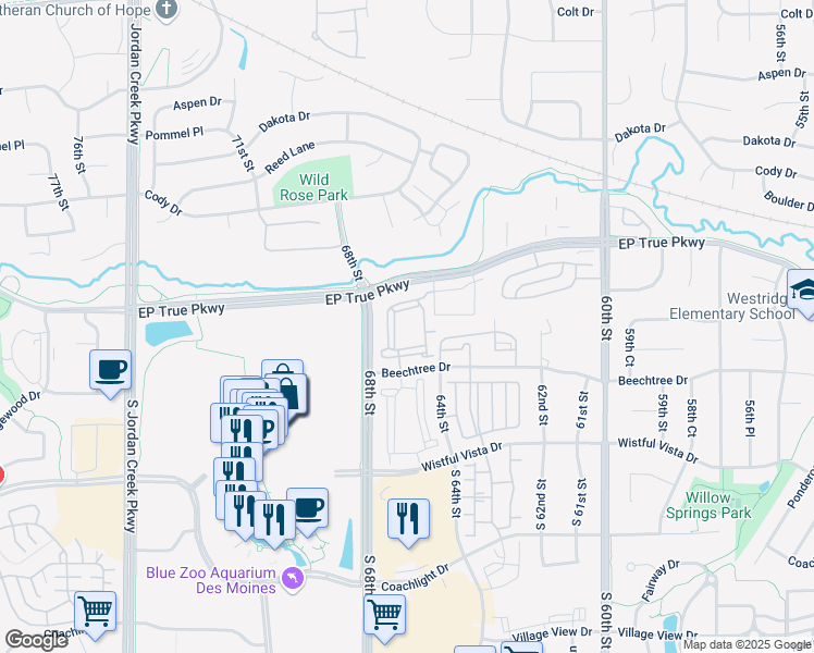 map of restaurants, bars, coffee shops, grocery stores, and more near 6500 EP True Parkway in West Des Moines