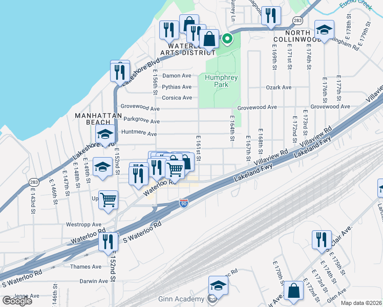 map of restaurants, bars, coffee shops, grocery stores, and more near 366 East 161st Street in Cleveland