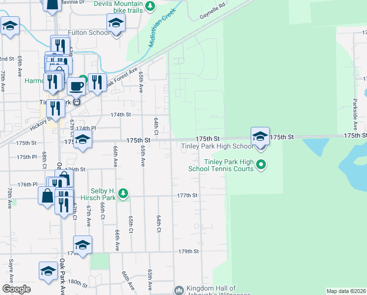 map of restaurants, bars, coffee shops, grocery stores, and more near 17525 Ridgeland Avenue in Tinley Park