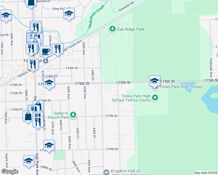 map of restaurants, bars, coffee shops, grocery stores, and more near 17525 Ridgeland Avenue in Tinley Park
